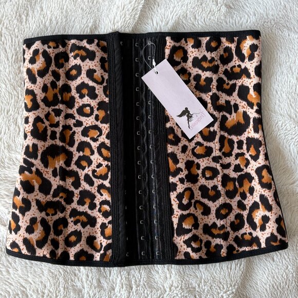 TRUE CORSET Playgirl Tan Leopard Print Latex Work Out Waist Trainer - Picture 3 of 9